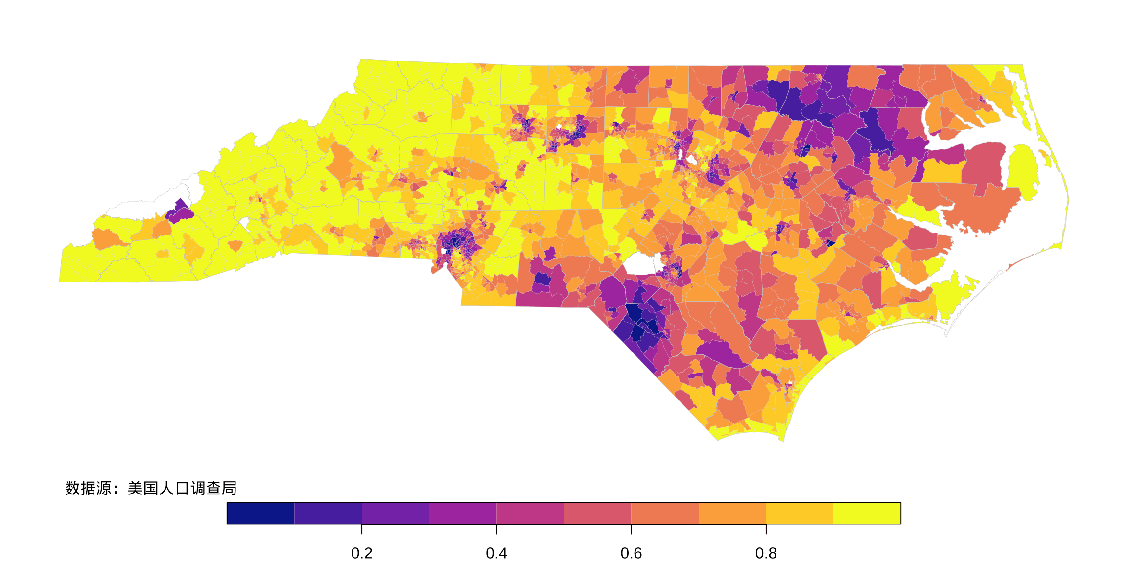 北卡州社区级白人占比的空间分布