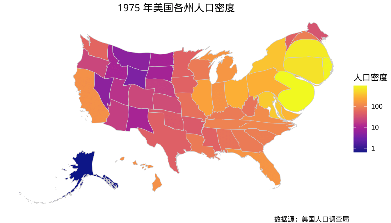 1974 年美国各州人口密度分布